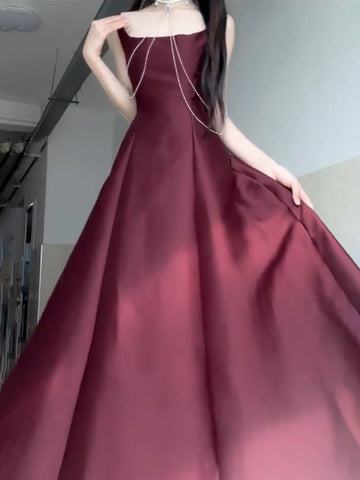 A line Square Neckline Sleeveless Women's Burgundy Holiday Dress Vacation Dresses Birthday Dress SD1233